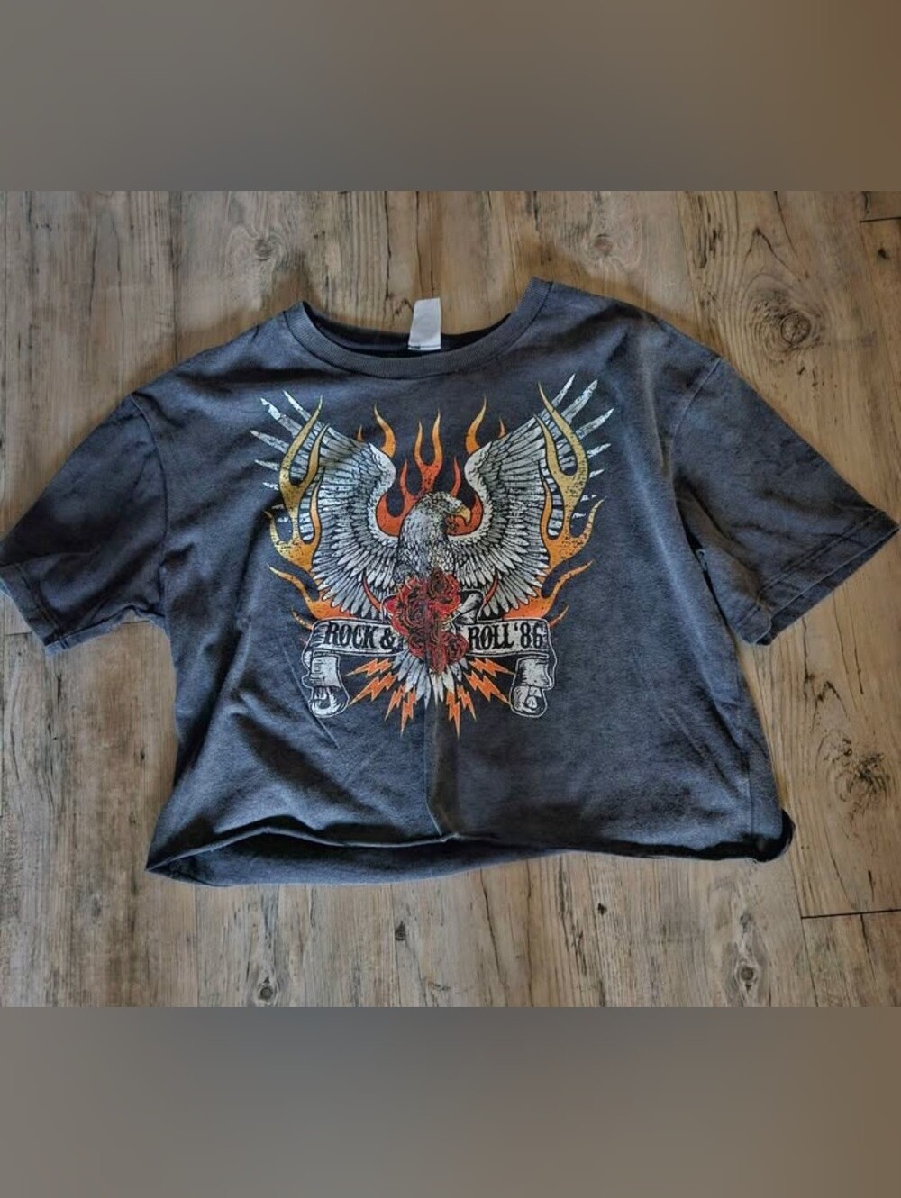 No Boundaries Charcoal Graphic Eagle Crop Tee with Orange Flame